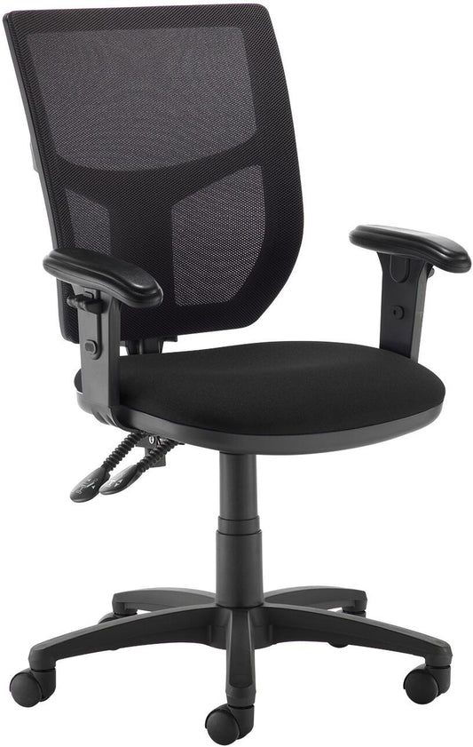 Black office chair with mesh backrest on a white background