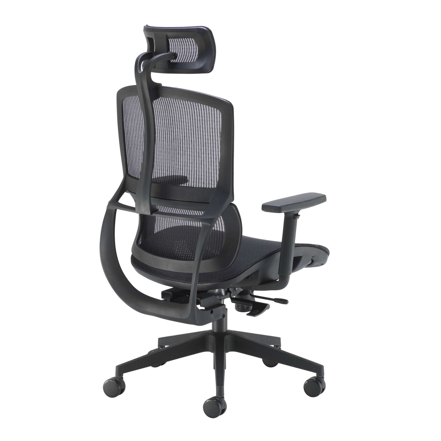 Black office chair with mesh back on a white background
