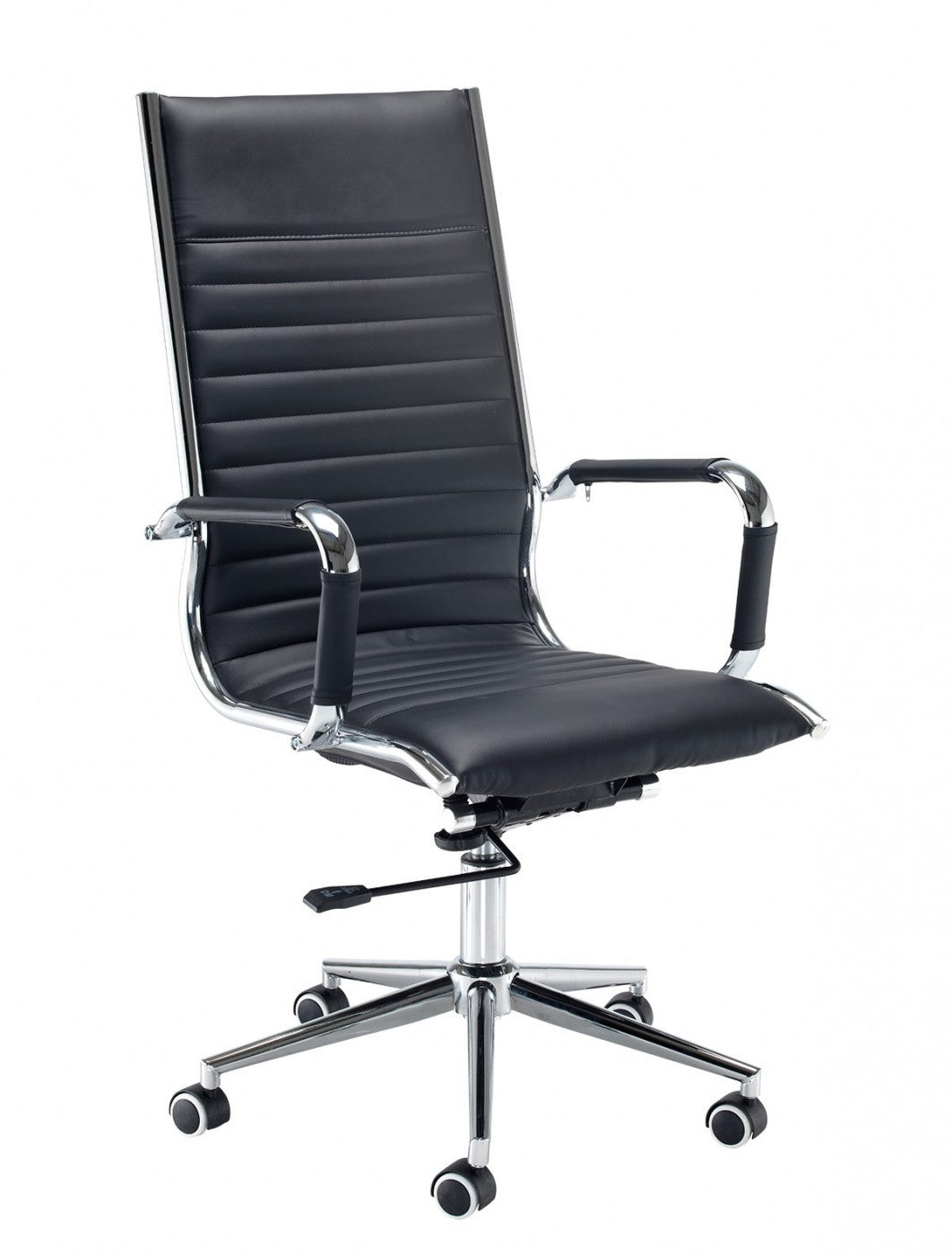 Black office chair with chrome base on a white background
