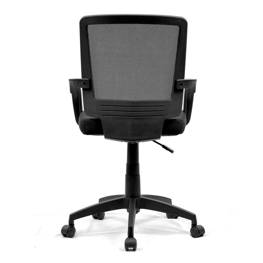 Black office chair with mesh back on a white background
