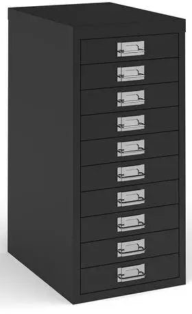 Black metal file cabinet with multiple drawers on a white background