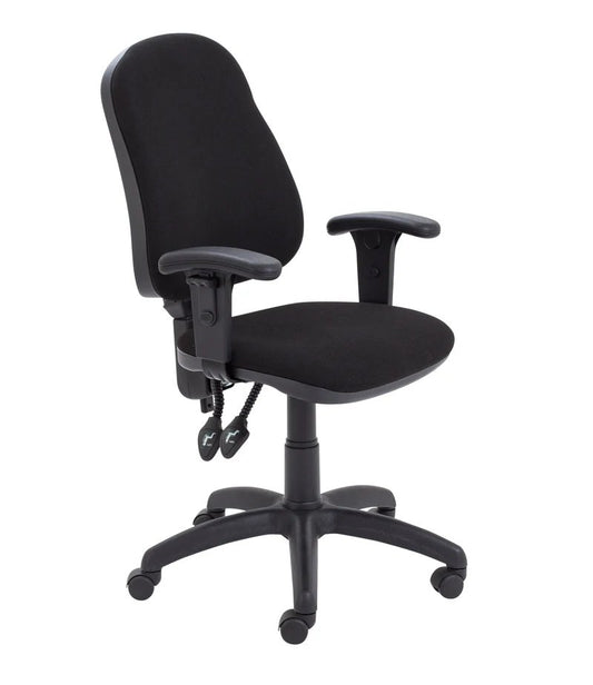 A high back operator chair with a black upholstered backrest and seat, featuring adjustable armrests, a five-star base with castors, and control levers for height and tilt.