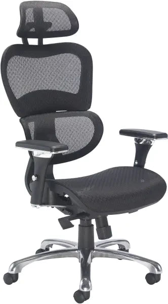 A black ergonomic office chair with a mesh backrest and headrest, adjustable armrests, and a chrome base.