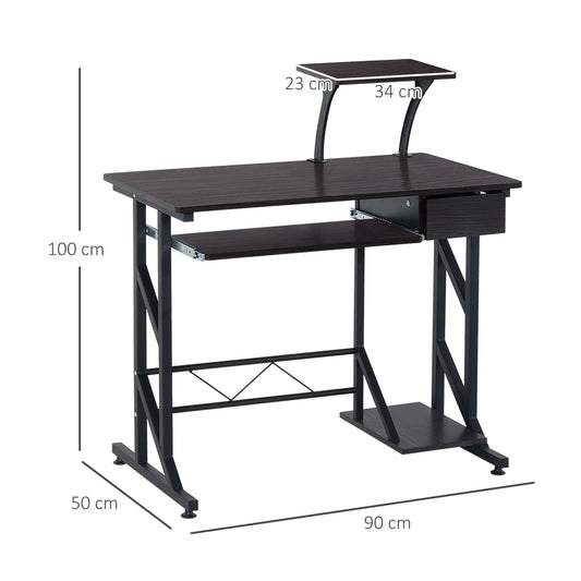 Computer Desk with Display Stand, Keyboard Tray Drawer and Host Box Shelf, Brown dimesions