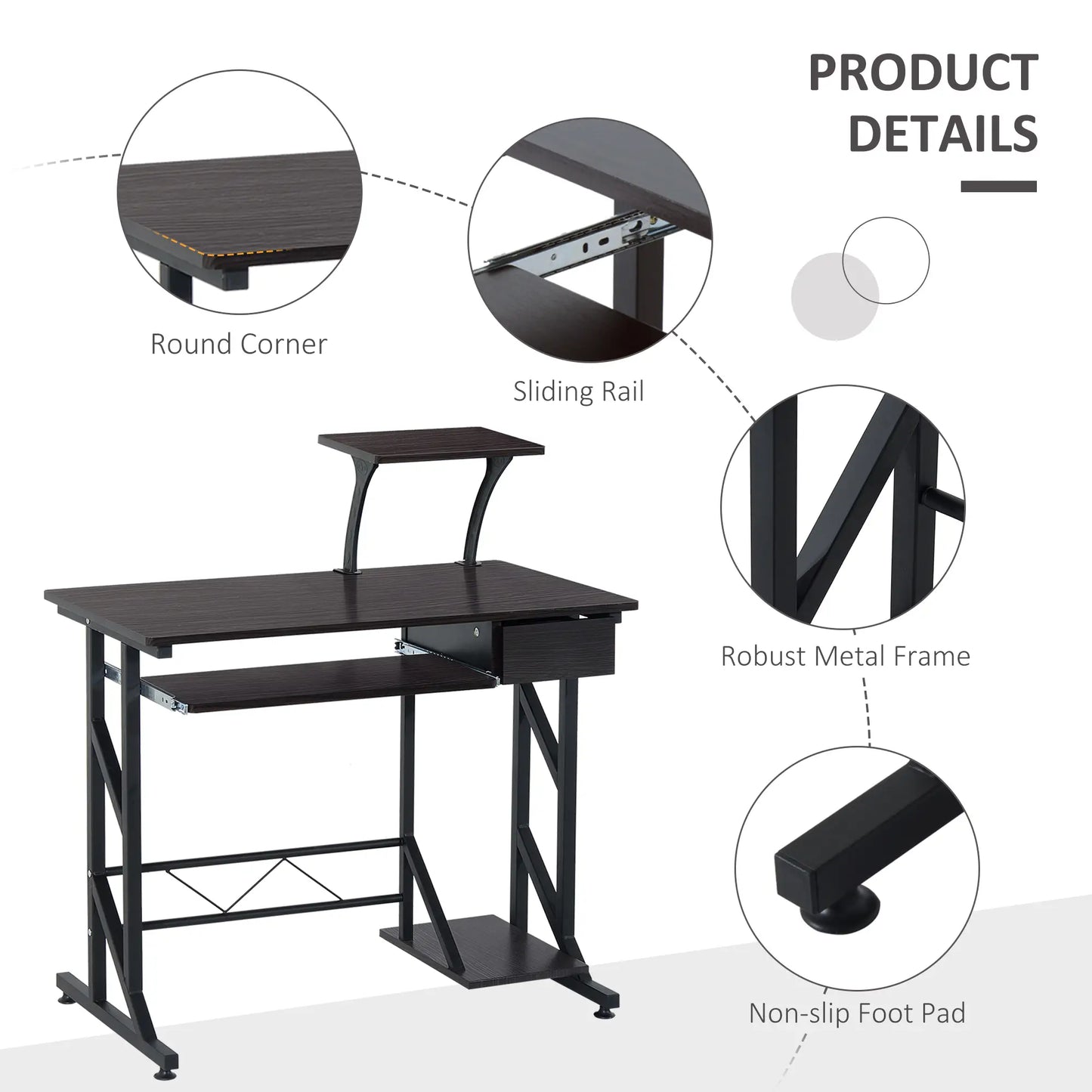 Computer Desk with Display Stand, Keyboard Tray Drawer and Host Box Shelf, Brown product details