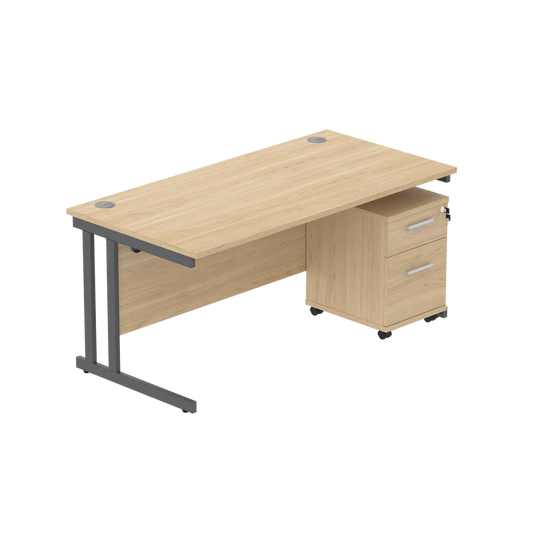 Wooden office desk with a pedestal unit on a white background