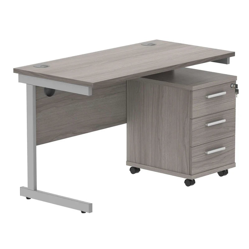 Gray office desk with a mobile pedestal on a white background