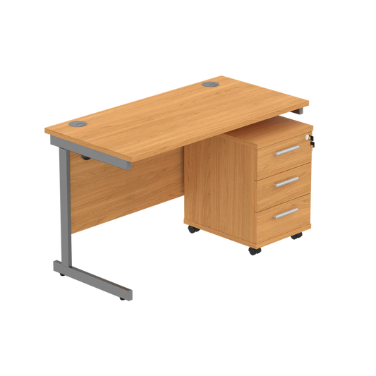 Wooden office desk with a pedestal unit on a white background