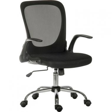 Black office chair with mesh backrest on a white background