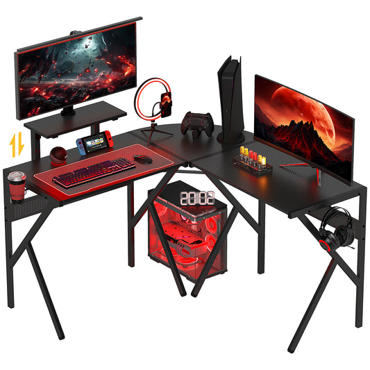 Gaming Desk L-Shaped Corner Computer Table with Adjustable Monitor Stand, Black against a white background