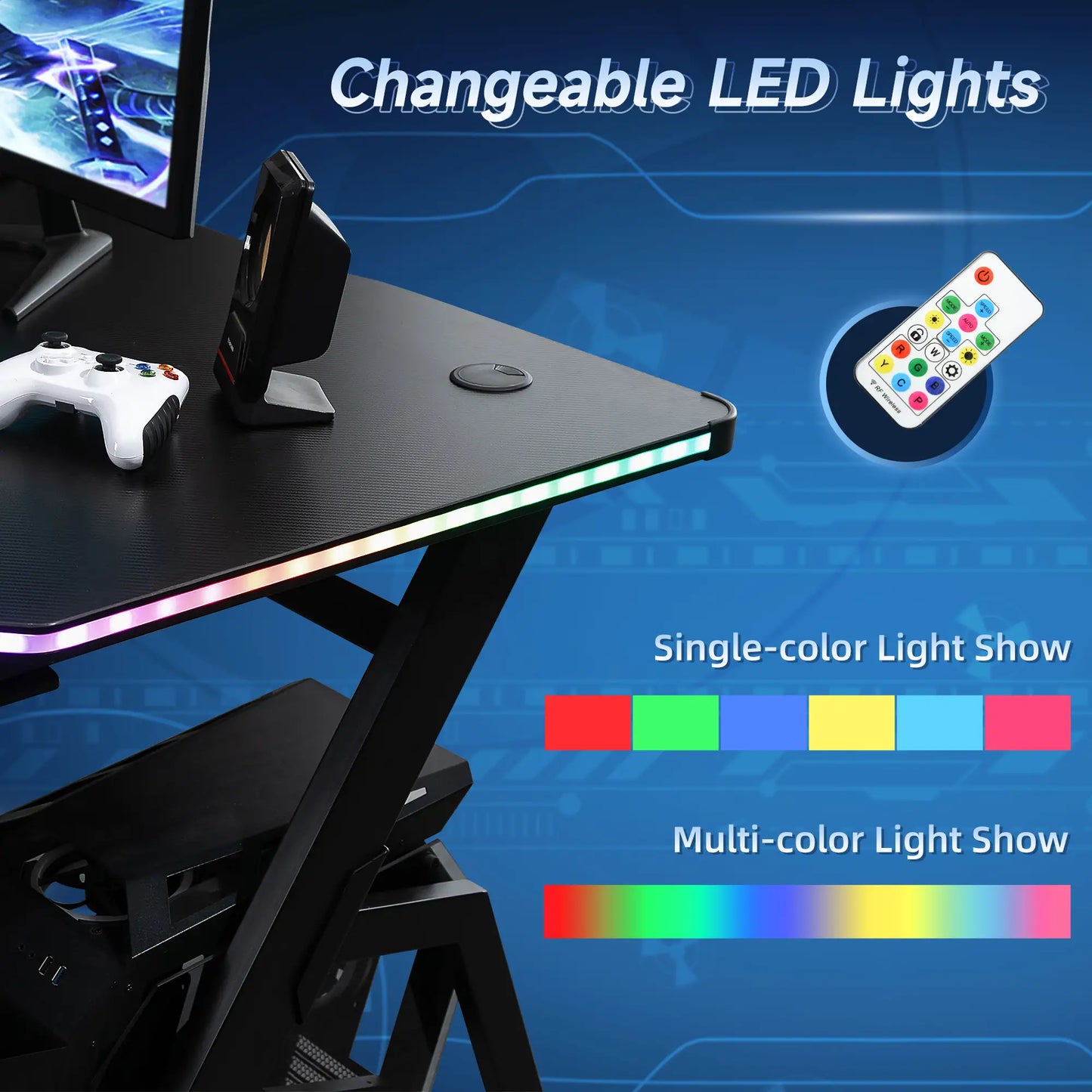Gaming Desk with Carbon Fibre Surface, Headphone Hook, Controller Rack, Black LED lights