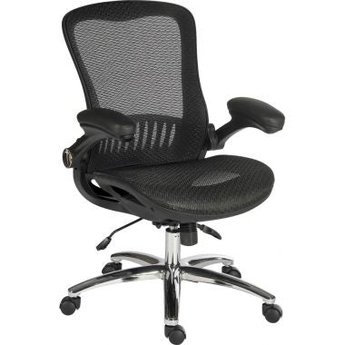 Black mesh office chair with ergonomic design on a white background