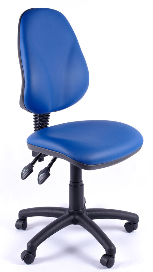 Blue vinyl office chair with black base on a white background