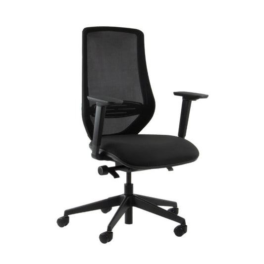 Black office chair with mesh back on a white background