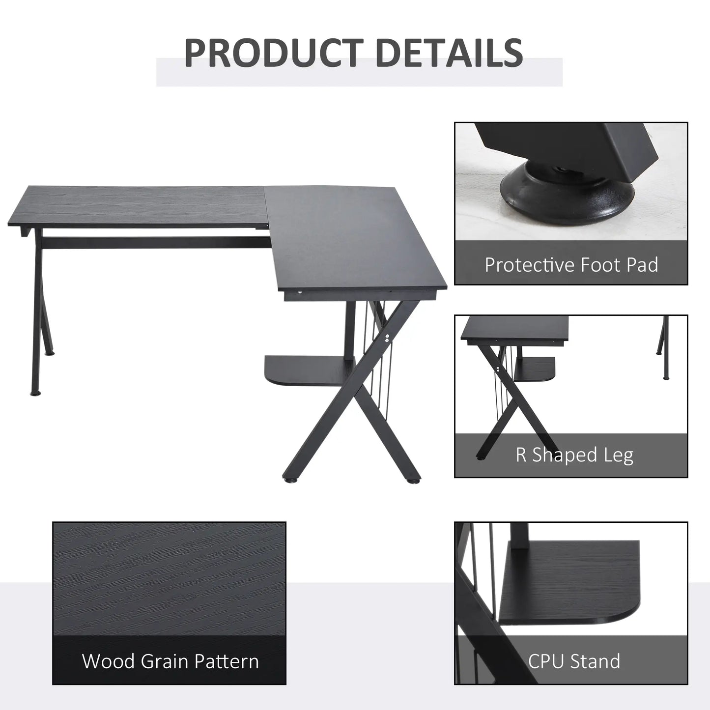 L Shaped Gaming Desk, 155 x 130cm Corner Computer Desk with CPU Stand, Black details