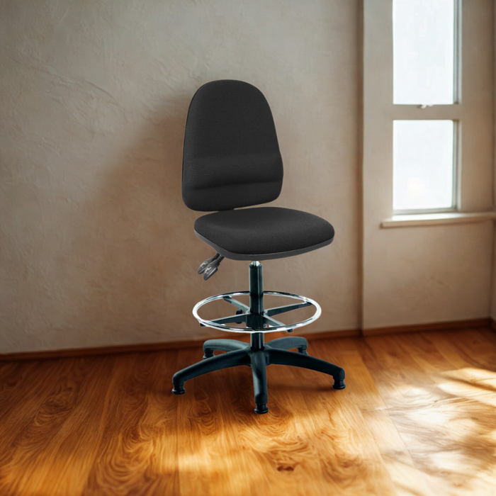 Lab Space Mist 2 Draughtsman Chair in black, height adjustable with a chrome footring