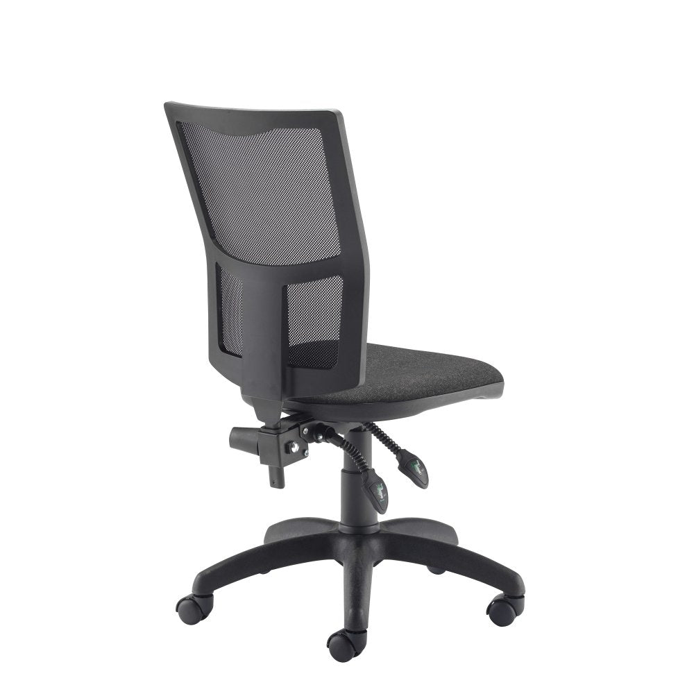 Black office chair with mesh back on a white background