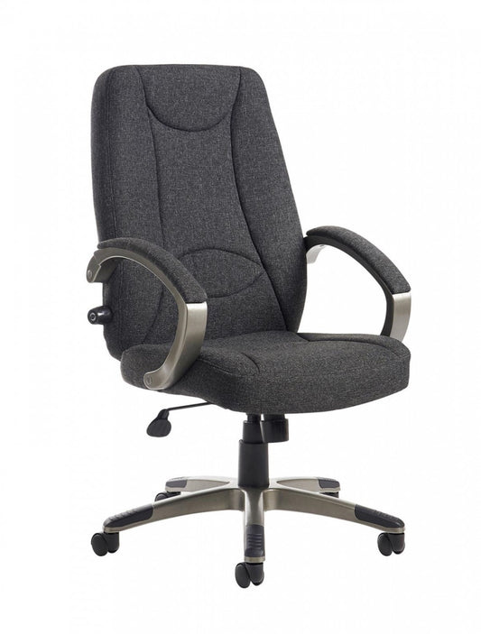 Grey office chair with armrests on a white background