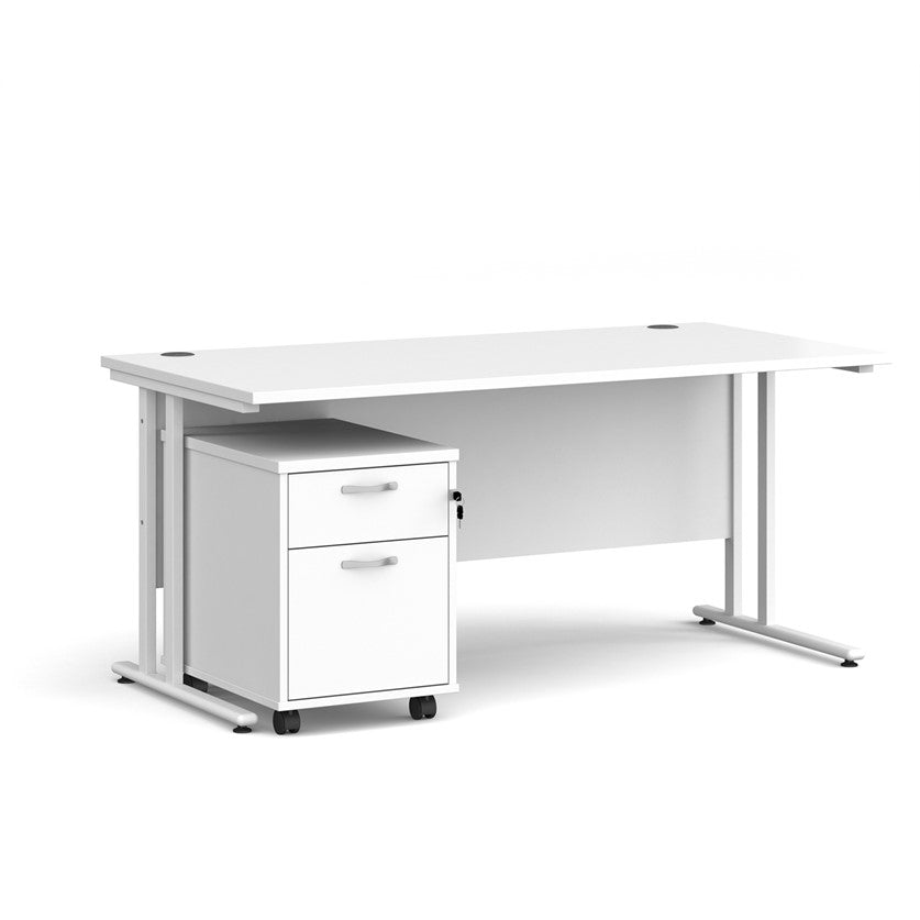 A white finish desk with a 2 drawer pedestal bundle on a white background
