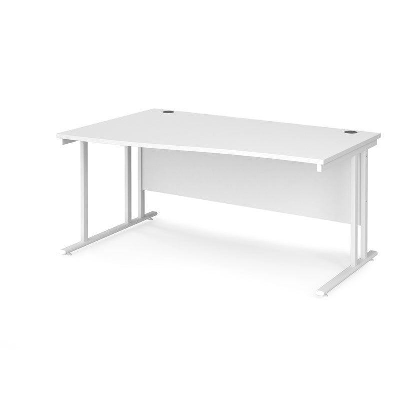 A rectangular office desk with a white tabletop and cantilever metal legs.