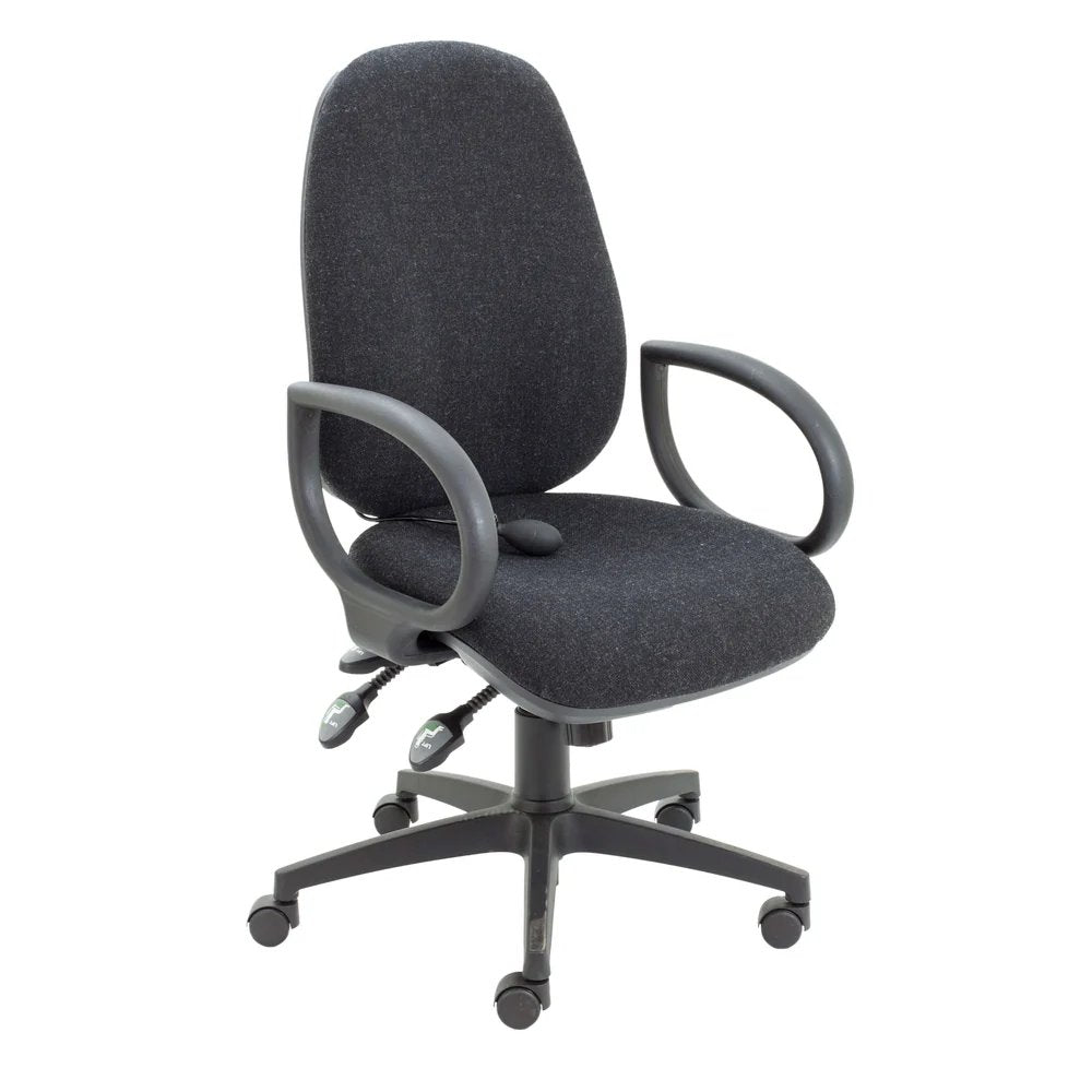 A charcoal office chair with a lumbar support pump, featuring a ratchet back, adjustable seat slide, and five-star base with casters.