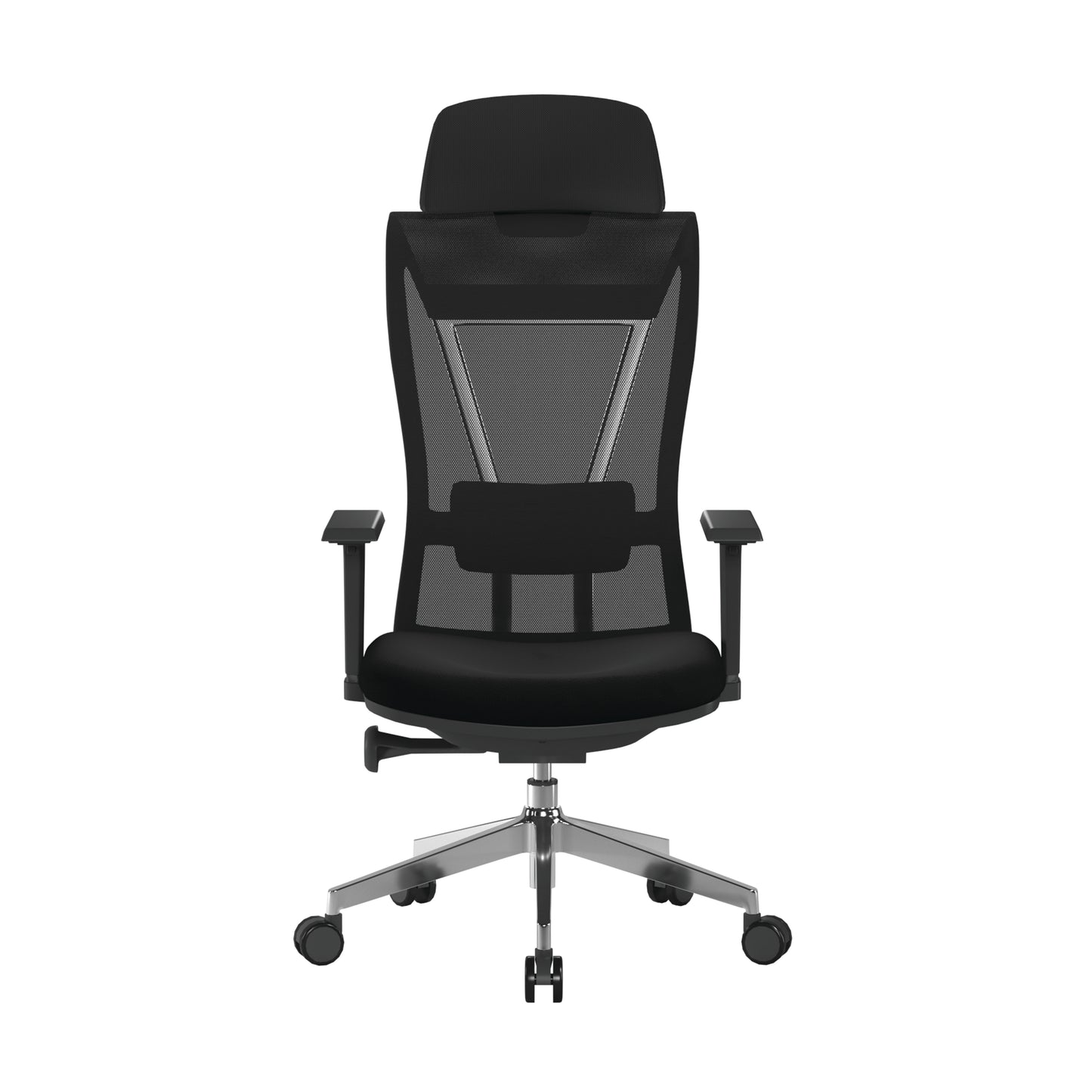 Black office chair with mesh back on a white background