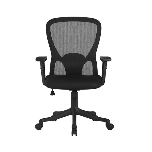 Black office chair with mesh back on a white background