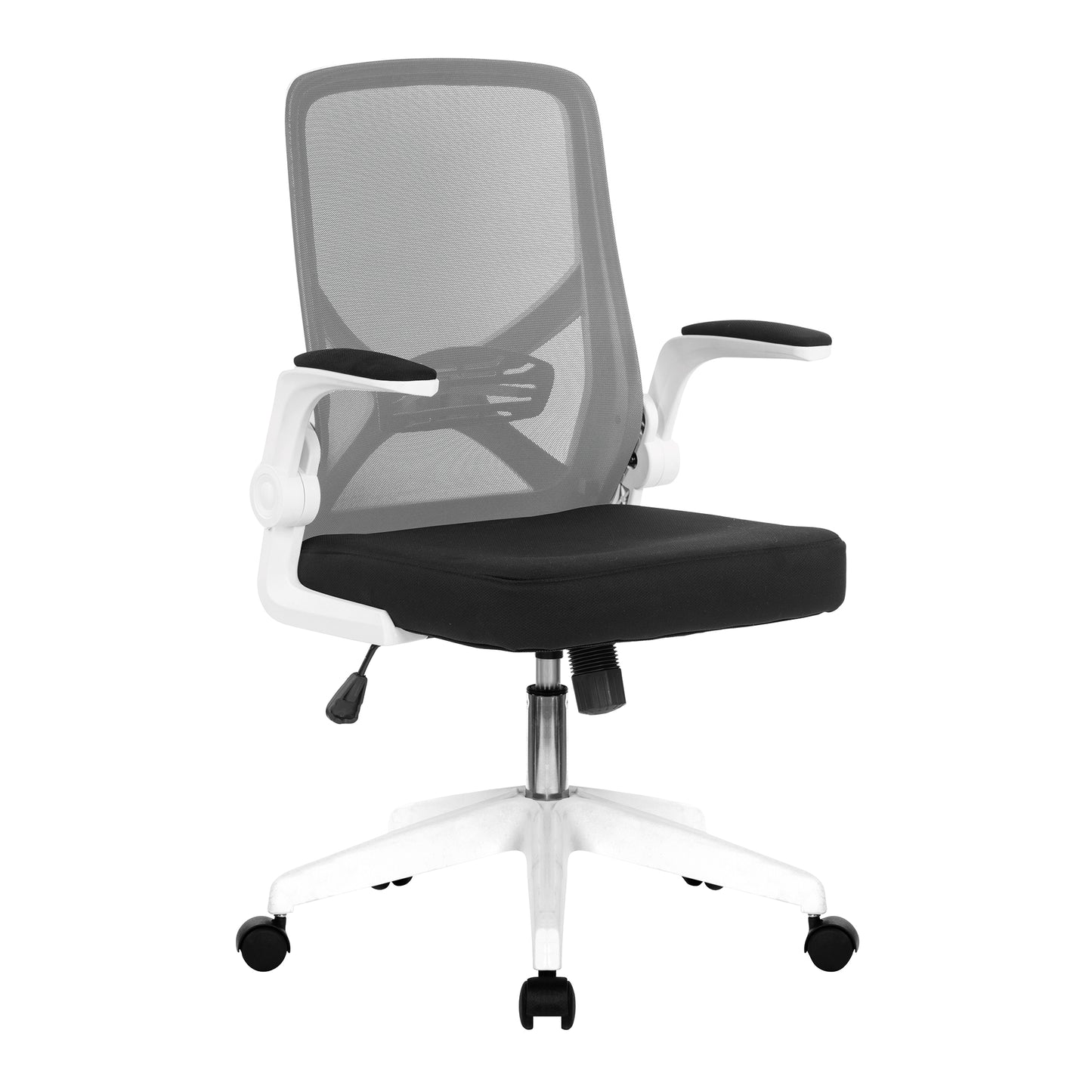 Black office chair with gray mesh backrest on a white background