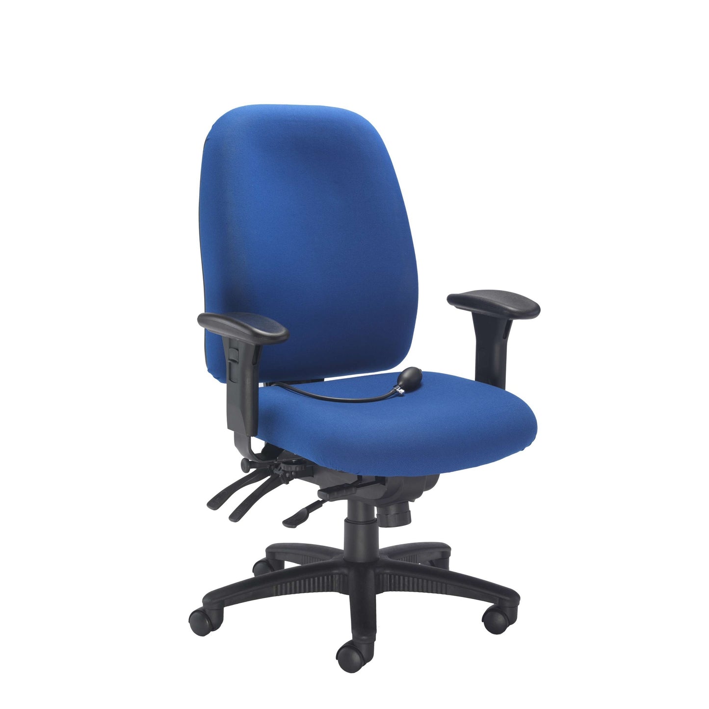 Blue office chair with black arms and base on a white background