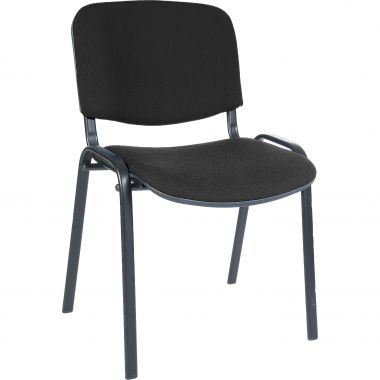 A black conference chair with a padded backrest and seat, featuring a four-legged frame.