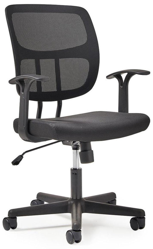 Black office chair with mesh backrest on a white background