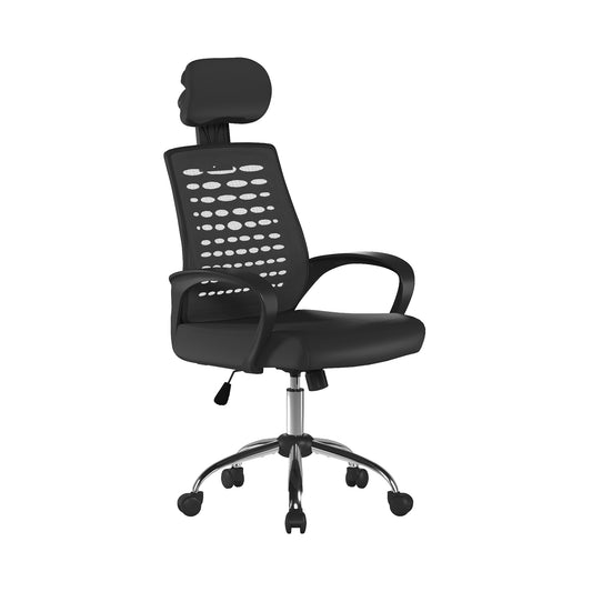 Black office chair with headrest on a white background