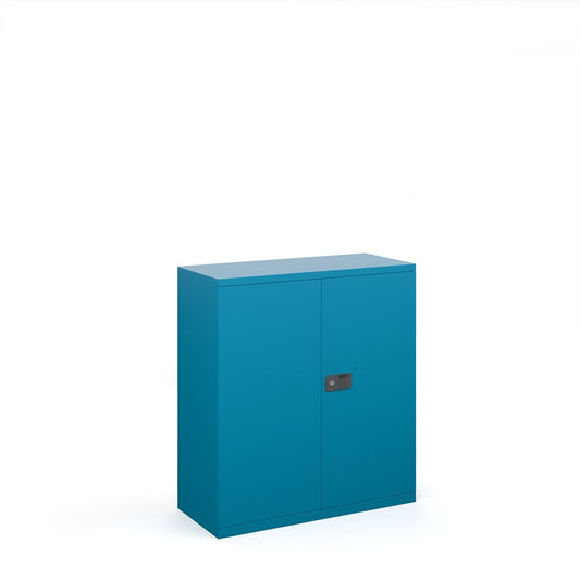 A blue steel cupboard with fully lockable double doors and a three-point locking system. It has a flat top and the unit is depicted against a white background.