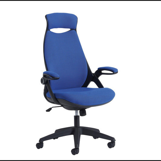 Tuscan Fabric Managers Chair With Head Support in blue.