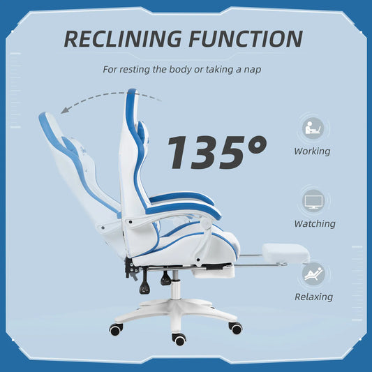 Computer Gaming Chair, PU Leather Desk Chair with Footrest, White and Blue