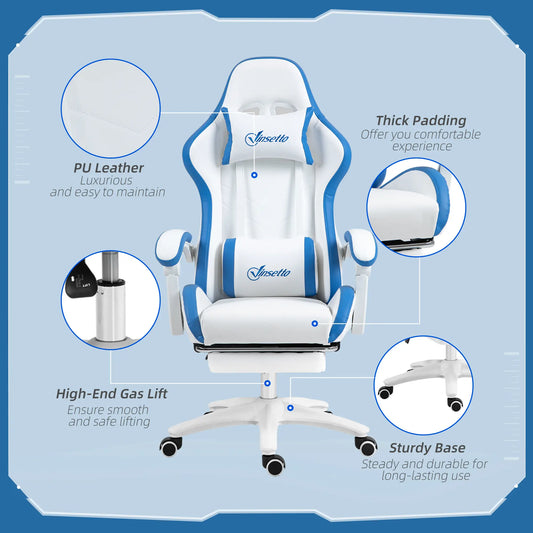 Computer Gaming Chair, PU Leather Desk Chair with Footrest, White and Grey
