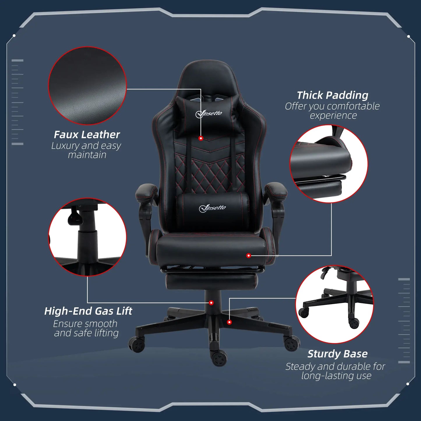 Computer Gaming Chair with Footrest and 130 degree Reclining Back, Black Red