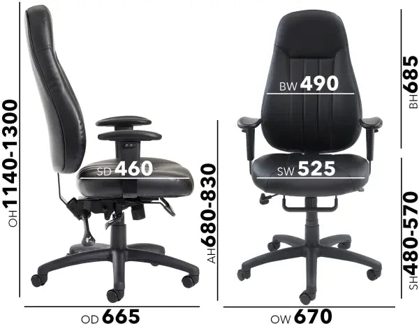 Zeus High Back 24hr Task Chair dimensions