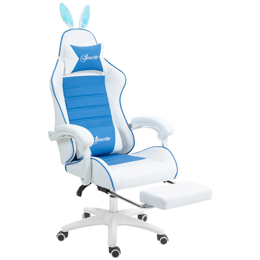 Racing Gaming Chair with Removable Rabbit Ears, Footrest and Lumber, Blue