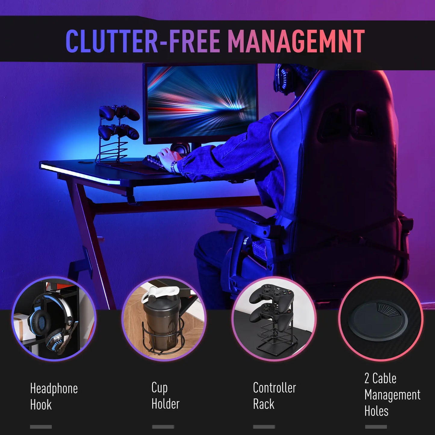 RGB 120 x 66cm Gaming Desk, Computer Table, Black and Red