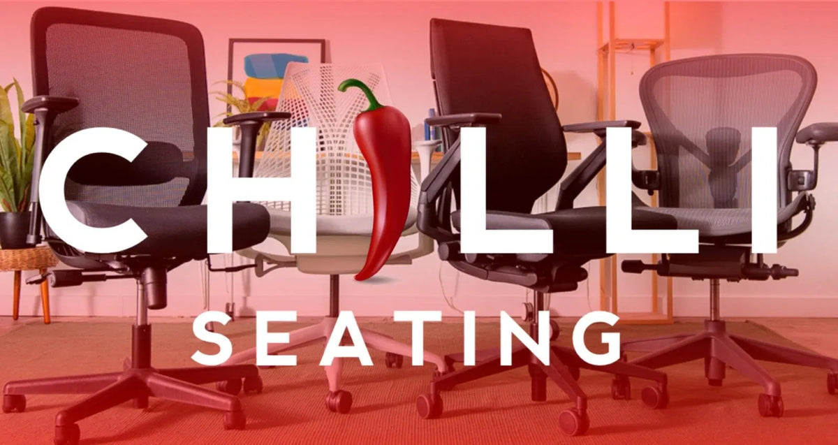 A branded image featuring four premium ergonomic office chairs with mesh and cushioned backs, arranged in an office setting.