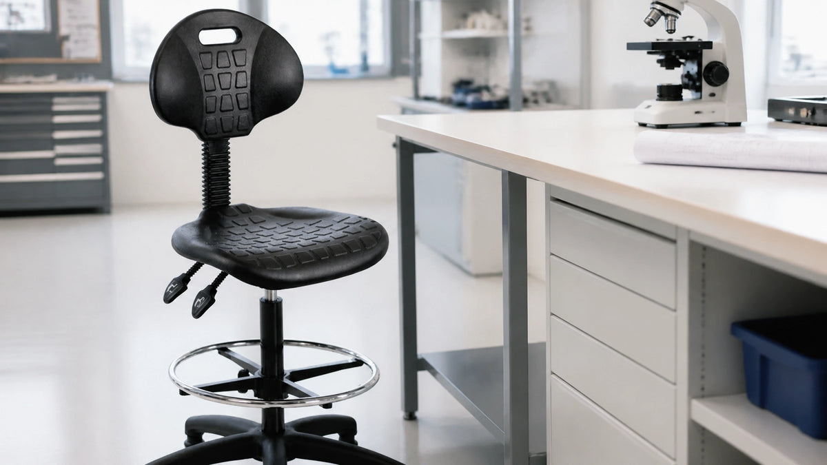 A modern industrial draughtsman chair at a laboratory workbench