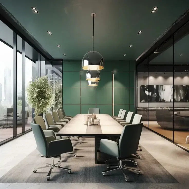 Modern boardroom featuring high-back ergonomic conference chairs around a large meeting table.