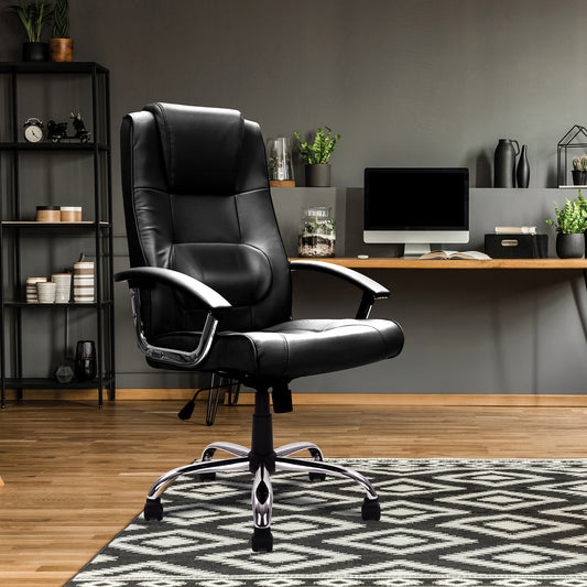 Black leather office chair in a modern home office setting with a desk and decor.