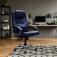 Blue office chair in a home office setting with a desk and decor.