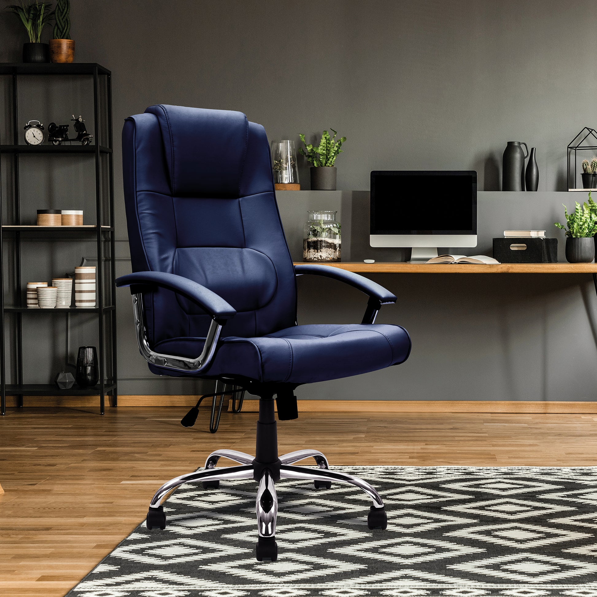 Blue office chair in a home office setting with a desk and decor.