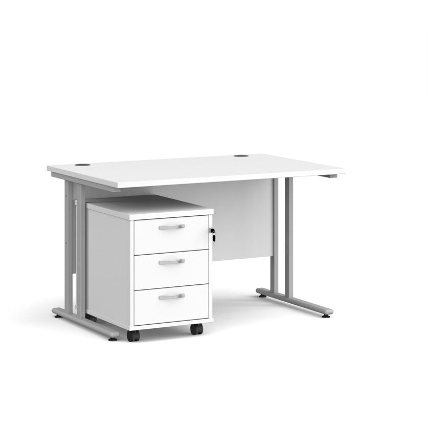 A White finish desk with a 3 drawer pedestal bundle on a white background