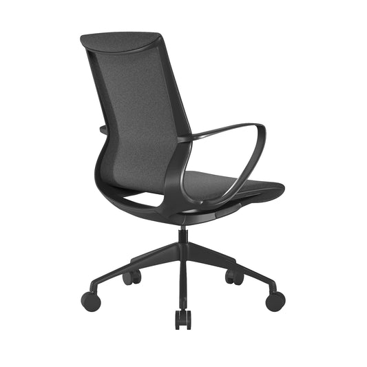Black office chair with mesh back on a white background