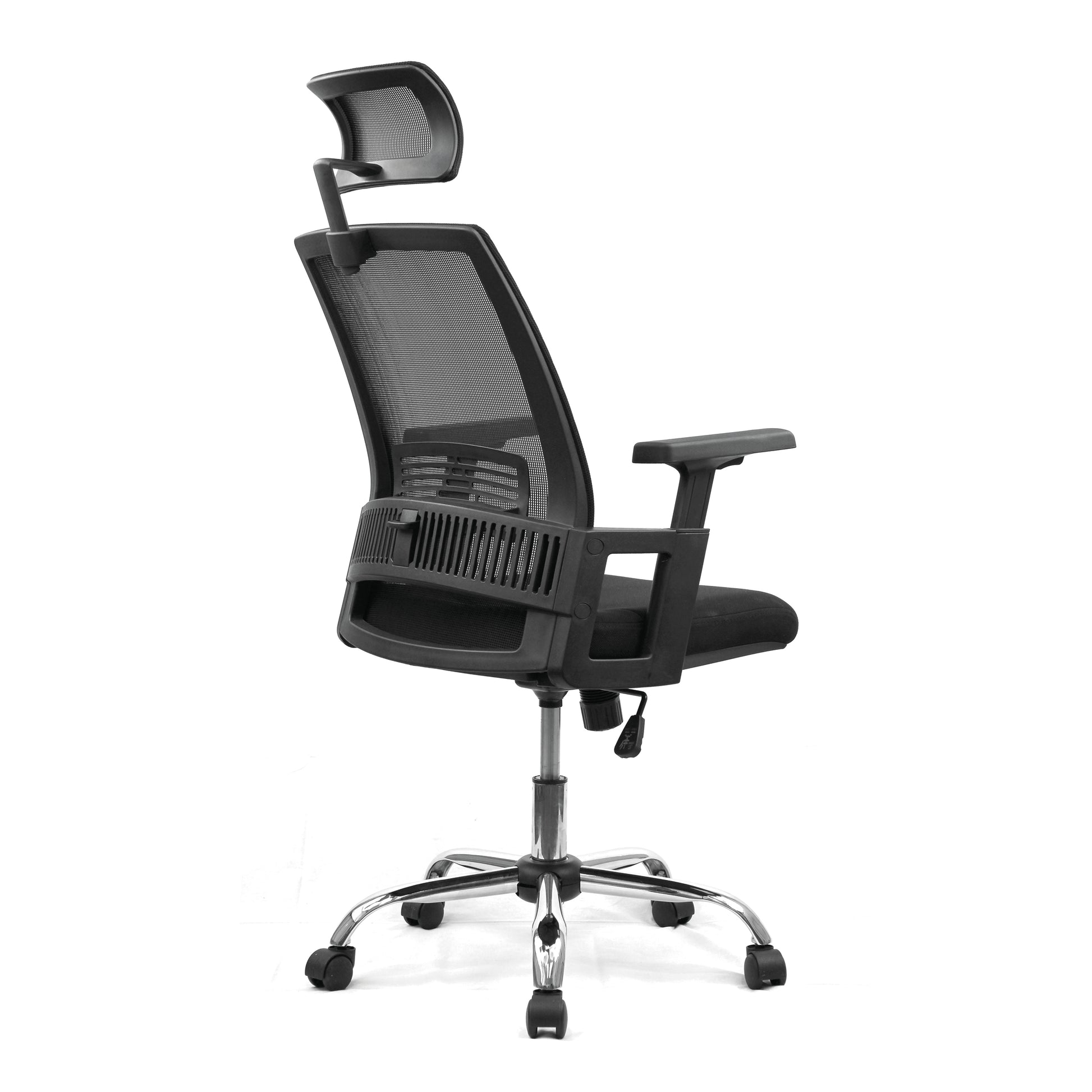Black office chair with mesh back on a white background