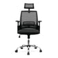 Black office chair with mesh back and headrest on a white background